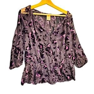 Purple Velvet Burnout Top Floral Women Sz S Sheer Tiered Ruffle Whimsigoth Vneck